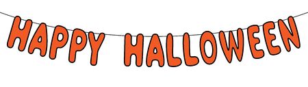 happy halloween, orange and black letters hanging on rope garland, perfect for decorating posters and invitations, banner, vector isolated on white backgroundのイラスト素材