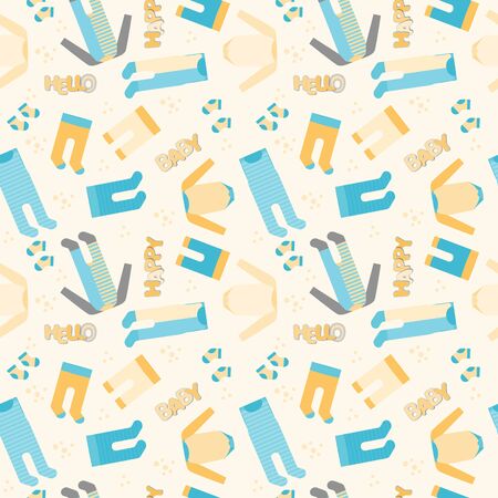 Babyboy Clothes, Pants and Socks Background, vector Seamless Pattern in blue, grey and orange colors with text hello happy babyのイラスト素材