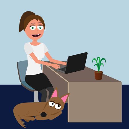 dog friendly office concept, funny cartoon vector characters of woman sitting on chair and dog lying at her feet, business illustrationのイラスト素材
