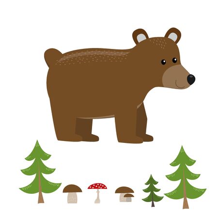 funny smiling standing bear from side with forest elements (tree, mushroom) isolated on white background, cute vector illustration for childrenのイラスト素材