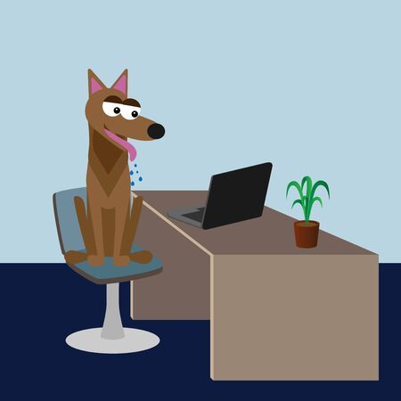 dog friendly office concept, funny vector characters of dog sitting on chair at the deskのイラスト素材