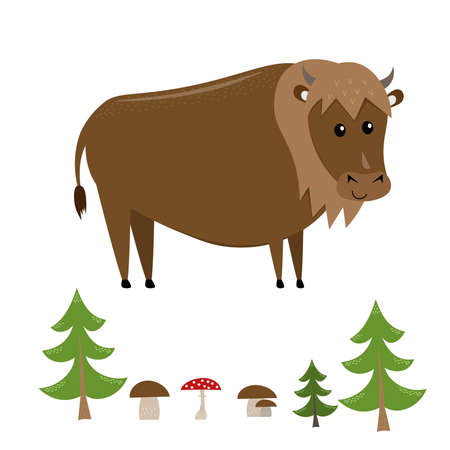 funny smiling standing european bison from side with forest elements (tree, mushroom) isolated on white background, cute vector illustration for childrenのイラスト素材