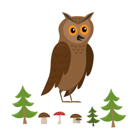 funny owl with forest elements (tree, mushroom) isolated on white background, cute vector illustration for childrenのイラスト素材