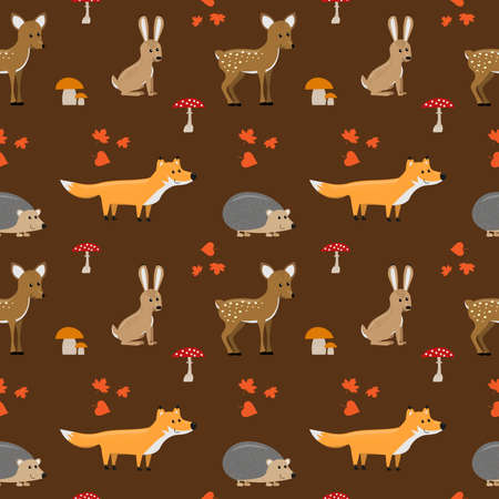 Forest animals funny cartoon seamless pattern in warm brownのイラスト素材