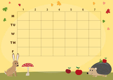 School schedule of lessons with hedgehog and hare in fall warm colors. Vector. Autumn season.のイラスト素材