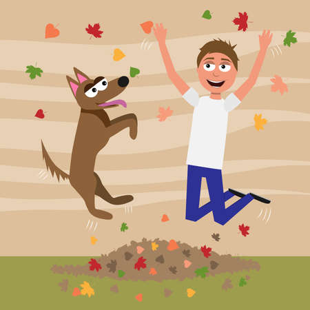Man and dog throws up autumn leaves illustrationのイラスト素材