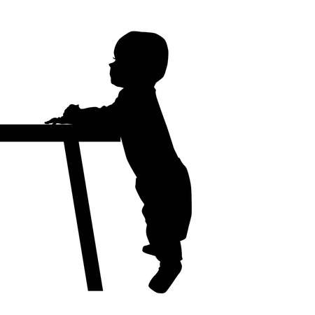 eight months babystanding at table from profile, child evolution, vector silhouette isolated on white backgroundのイラスト素材