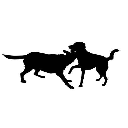 two dogs playing and fighting from side, silhouette, vectorのイラスト素材