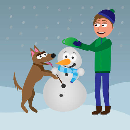 cartoon man and dog building a snowman in the snow. Blue sky behind, comic vector illustration of funny characters for winter seasonのイラスト素材