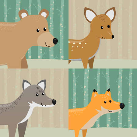 Set of cute animal portraits (bear, fox, deer, wolf), vector illustration ideal for childrens stickers, cards, pictures, printsのイラスト素材