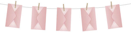 pink envelopes hanging on rope on pins, modern garland for Valentines Day, vector isolated on white backgroundのイラスト素材