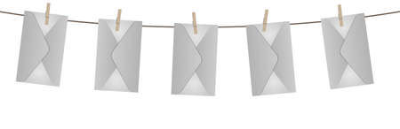 white paper envelopes hanging on rope on pins, modern garland, perfect for business or communication or organization themes, vector isolated on white backgroundのイラスト素材