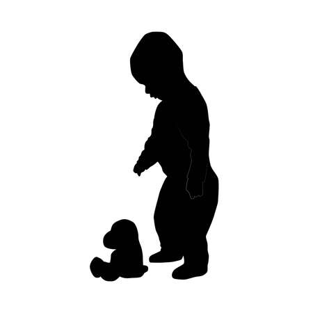 eleven months baby standing and want to pick up toy, child evolution, vector silhouette isolated on white backgroundのイラスト素材