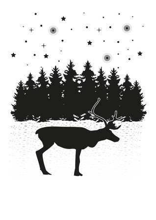 reindeer and forest and stars black and white vector illustration of winter landscapeのイラスト素材