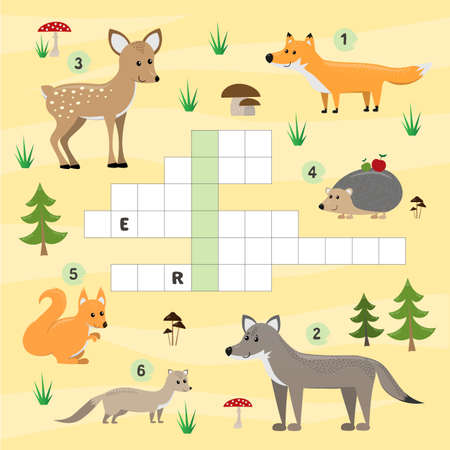 A colorful childrens cartoon crossword, game for children, different species of wild animals of forest (bear, fox, wolf, hedgehog, marten, deer). Vector illustrationのイラスト素材