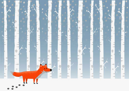 Winter card or poster with copyspace, fox, forest, snow, blue skyのイラスト素材