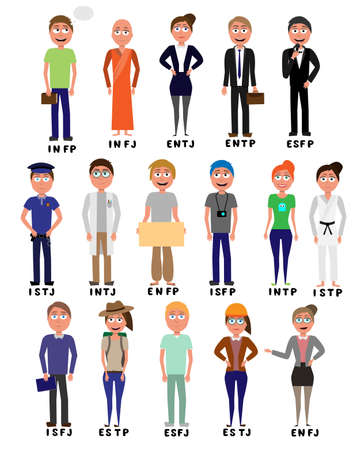 Illustrazione per set of flat cartoon characters represents personalities from MBTI typology isolated on white backgorund - Immagini Royalty Free