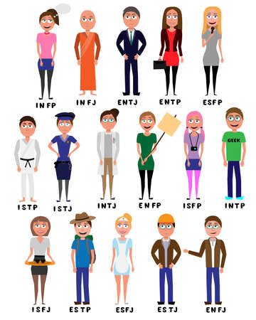 set of flat cartoon characters represents personalities from MBTI typology isolated on white backgorund