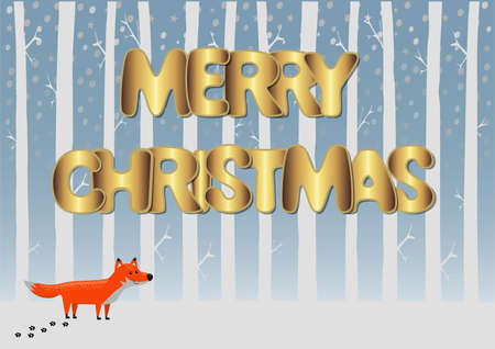 cute cartoon greeting card with red fox in forest and golden merry christmas text, blue sky with snow. Vector illustrationのイラスト素材