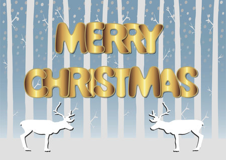 Elegant greeting card with white reindeers in forest and golden merry christmas text, blue sky with snow. Vector illustrationのイラスト素材