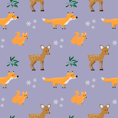 Cute forest animals (fox,, deer, squirrel) with snowflakes and mistletoe, winter seamless patternのイラスト素材