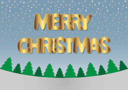 greeting card, poster with trees and golden merry christmas text, blue sky with snow. Vector illustrationのイラスト素材