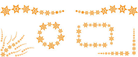 decorative elements and frames, yellow paper cut christmas stars chain, vector illustration isolated on white backgroundのイラスト素材