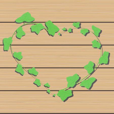 Vector Ivy branch heart on wooden background, frame with copyspace, love conceptのイラスト素材