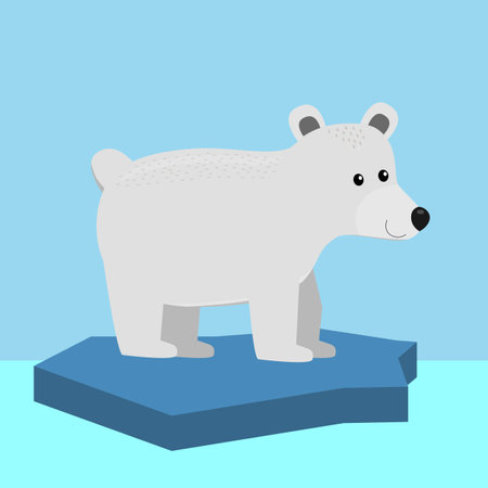 funny smiling white polar bear from side standing on ice floe, cute vector illustration for childrenのイラスト素材