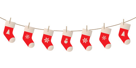decorativechristmas red stockings with pins, garland for winter season vector isolated on white backgroundのイラスト素材