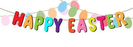 happy easter text, hanging bright colorful letters and eggs, creative decorative vector banner isolated on white backgroundのイラスト素材