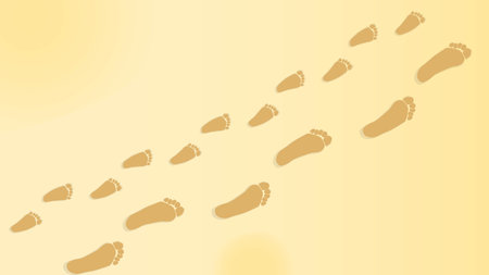 Image of footprints of baby and adult in sand, vector background for summer season, parenthood concept, barefootのイラスト素材