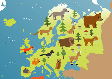 colorful flat European map with cute cartoon animals, vector illustration for childrenのイラスト素材