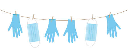 gloves and face masks hanging on rope, protective equipment garland, vectorのイラスト素材