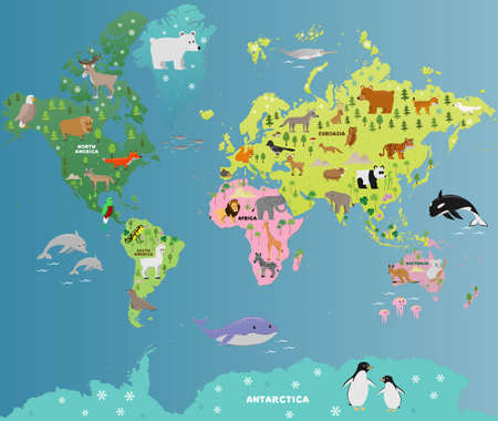 animal map of the world with for children and kids, vector flat illustration, cartoon posterのイラスト素材