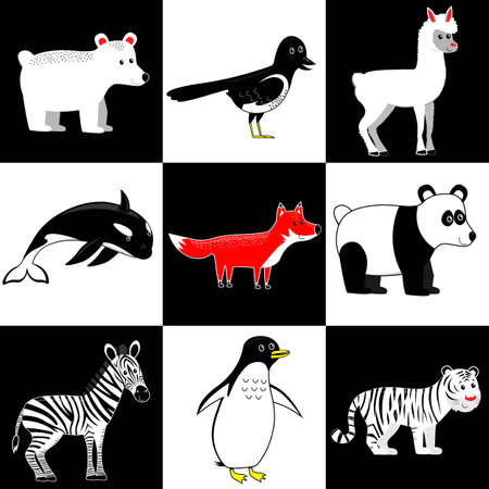 Funny Cartoon Collection of animals in contrasting colors(black and white, red, yellow) easily visible to infants and little children. Vector EPS10. Illustration for kidsのイラスト素材