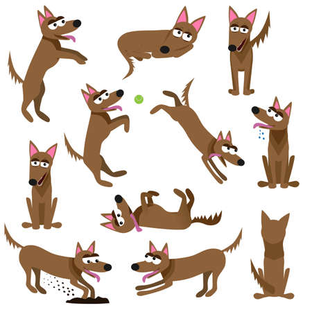 set of poses of funny cartoon dog character (lie, sit, jump, dig, back, front, catch, play, beg), flat vector illustration isolated on white backgroundのイラスト素材