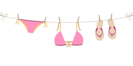cartoon colorful hanging bikini and flip flops af man and woman vector decorative garland isolated on white background for summer seasonのイラスト素材