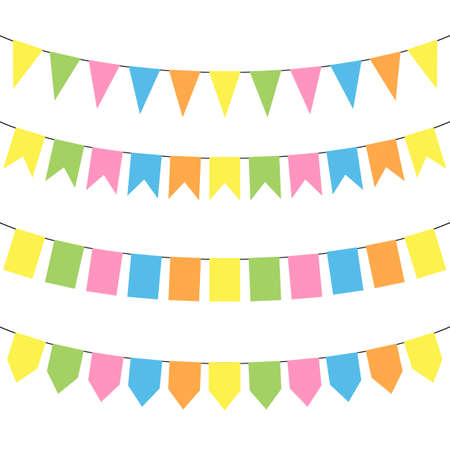 set of colorful flags, garland in pastel colors, vector isolated on white backgroundのイラスト素材
