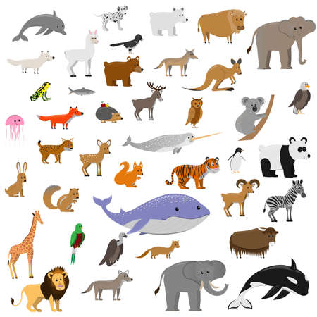 big set of cute cartoon animals isolated on white background, vector illustration for kidsのイラスト素材