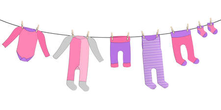 hanging laundry for baby girl in pink pastel colors, vector decorative garland isolated on white background, for decorating invitations, baby shower cardsのイラスト素材