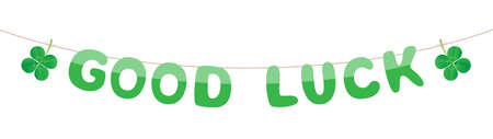decorative good luck garland in green colors with cloverleaves, hanging letters, vector isolated on white backgroundのイラスト素材