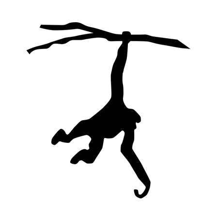gibbon jumping and holding branch, silhouette, vector isolated on white backgroundのイラスト素材