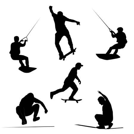 set of extreme sports silhouettes (wakeboard, skateboard, slackline), vector silhouettes isolated on white backgroundのイラスト素材