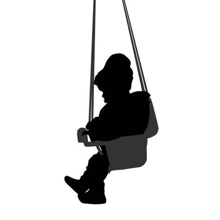 toddler sitting on swing, kid playing, vector silhouette isolated on white backgroundのイラスト素材