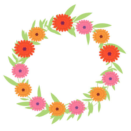 colorful blossoms and leaves round frame isolated on white background, vector frame, great decoration for cosmetic, gardening, healthy lifestyle, ecology or spring themesのイラスト素材