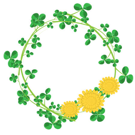 dandelion and shamrock and cloverleaves round frame isolated on white background, vector frame with copyspace, great decoration for cosmetic, gardening, healthy lifestyle, ecology or spring themesのイラスト素材