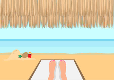 Girl sitting on the beach with her laptop - vector illustrationのイラスト素材