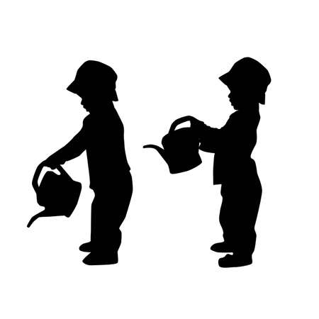 toddler with sprinkler, little gardener, kid playing, vector silhouette isolated on white backgroundのイラスト素材
