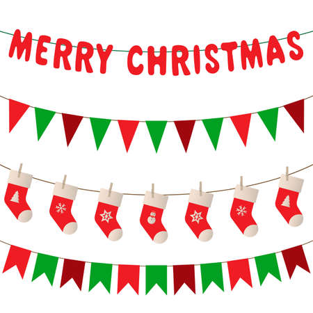 Christmas set of garlands. Stockings, flags, letters decorations. Vector isolated on white background.のイラスト素材